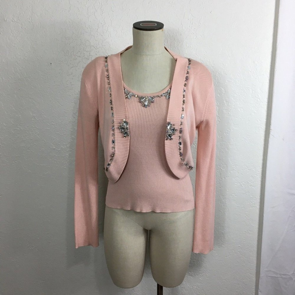 Draper’s & Damon’s Rhinestone Beaded Ribbed Tank Top Sweater Jacket Set XL Pink